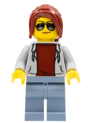SC075:  Race Marshal - Female, Light Bluish Gray Hoodie over Dark Red Shirt, Sand Blue Legs, Dark Red Ponytail Long with Side Bangs, Sunglasses and Medium Nougat Lips