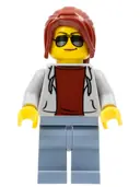 Minifigurka: SC075:  Race Marshal - Female, Light Bluish Gray Hoodie over Dark Red Shirt, Sand Blue Legs, Dark Red Ponytail Long with Side Bangs, Sunglasses and Medium Nougat Lips