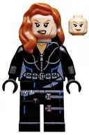Minifigurka: SH0035:  Black Widow - Black Jumpsuit, Dark Orange Mid-Length Hair, Printed Legs, Black Hands, Dark Orange Eyebrows