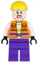 Minifigurka: SH0093:  Joker's Goon - Construction Outfit, Orange Jacket, Yellow Helmet, Purple Legs