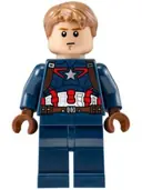 Minifigurka: SH0184:  Captain America - Dark Blue Suit with Reddish Brown Belt and Harness, Reddish Brown Hands, Hair, Dark Orange Eyebrows
