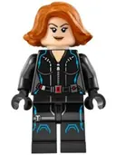 Minifigurka: SH0186:  Black Widow - Black Jumpsuit, Dark Orange Short Hair, Printed Legs, Dark Azure Trim