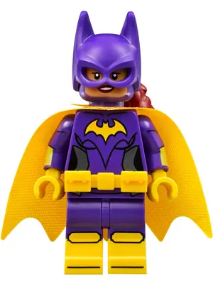SH0305:  Batgirl - Minifigure, Dark Purple Suit, Yellow Cape, Open Mouth Smile / Concerned
