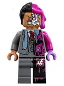 Minifigurka: SH0395:  Two-Face - Dark Bluish Gray Suit, Black and Magenta Hair