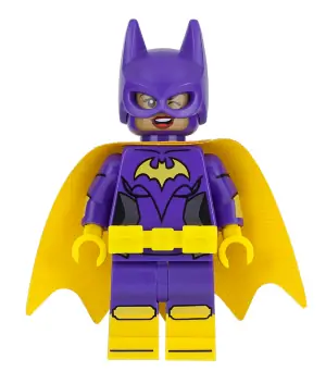 SH0419:  Batgirl - Minifigure, Dark Purple Suit, Yellow Cape, Wink and Open Mouth Smile / Angry