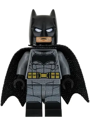 SH0437:  Batman - Dark Bluish Gray Suit, Gold Belt, Black Hands, Large Bat Logo, Printed Legs, Stubble
