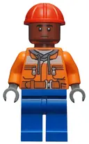 Minifigurka: SH0547:  Dock Worker - Male, Orange Safety Jacket, Reflective Stripe, Sand Blue Hoodie, Blue Legs, Red Construction Helmet, Reddish Brown Head