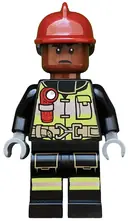 Minifigurka: SH0579:  Firefighter - Dark Red Fire Helmet, Reddish Brown Head, Reflective Stripes