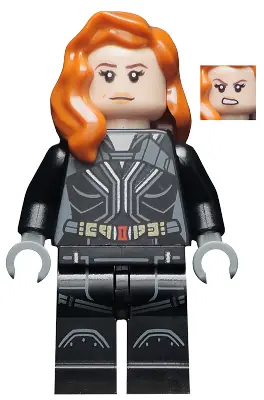 SH0629:  Black Widow - Black Jumpsuit, Dark Orange Mid-Length Hair, Printed Legs, Dark Bluish Gray Hands