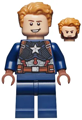 SH0729:  Captain America - Dark Blue Suit with Reddish Brown Belt and Harness, Reddish Brown Hands, Hair, Dark Brown Eyebrows, Chin Strap