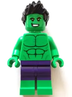 SH0857:  Hulk - Minifigure, Dark Purple Pants, Spiked Hair, Open Mouth Smile / Angry