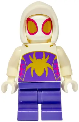 SH0954:  Ghost-Spider (Gwen Stacy) - Dark Purple Medium Legs, White Basic Smooth Hood, Gold Spider Logo and Eyes