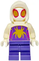 Minifigurka: SH0954:  Ghost-Spider (Gwen Stacy) - Dark Purple Medium Legs, White Basic Smooth Hood, Gold Spider Logo and Eyes