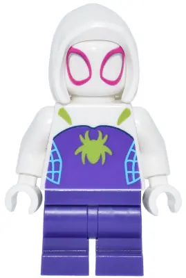 SH1024:  Ghost-Spider (Gwen Stacy) - Dark Purple Medium Legs, White Basic Smooth Hood, Lime Spider Logo