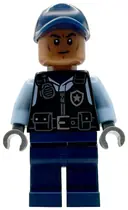 Minifigurka: SH1076:  Security Guard Arkham Asylum - Male, Dark Blue Cap, Black Vest