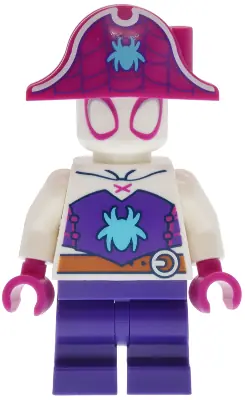 SH1109:  Ghost-Spider (Gwen Stacy) - Dark Purple Medium Legs, Magenta Pirate Hat, Medium Azure Spider Logo, Dark Orange Belt