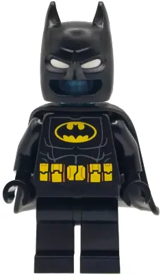 SH1115:  Batman Batsuit - Black with Yellow Belt with Medium Nougat Details, Cowl with White Eyes, Flexible Rubber Cape, Trans-Light Blue Head