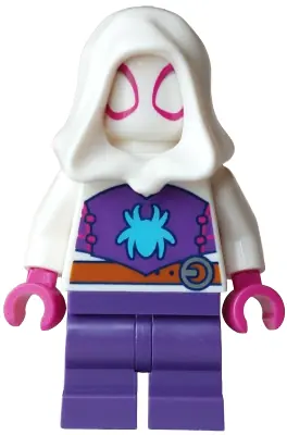 SH1117:  Ghost-Spider (Gwen Stacy) - Dark Purple Medium Legs, White Hood, Medium Azure Spider Logo, Dark Orange Belt