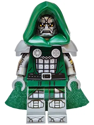 SH1158:  Dr. Doom - Dark Green Hood and Cape, Flat Silver Printed Arms and Legs