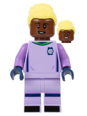 SOC154:  Soccer Goalie, Female, Lavender Uniform, Reddish Brown Skin, Bright Light Yellow Hair