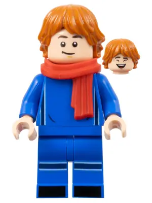 SOC160:  Soccer Spectator - Blue Soccer Uniform, Red Scarf, Dark Orange Hair