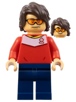 SOC161:  Soccer Spectator - Red Soccer Jersey, Dark Blue Legs, Dark Brown Hair, Orange Glasses