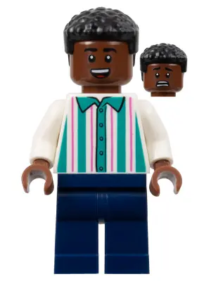 SOC162:  Soccer Spectator - White Shirt with Dark Turquoise and Dark Pink Stripes, Dark Blue Legs, Black Hair