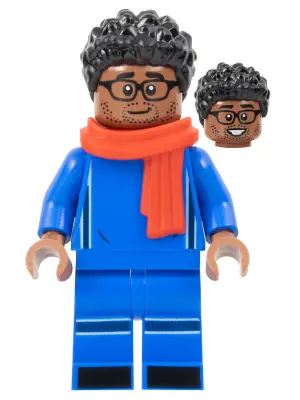 SOC163:  Soccer Spectator - Blue Soccer Uniform, Red Scarf, Black Hair, Glasses