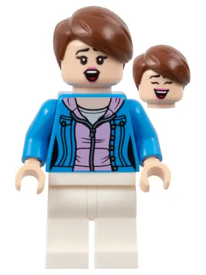 SOC167:  Soccer Spectator - Female, Dark Azure Jacket, Bright Pink Shirt, White Legs, Reddish Brown Hair