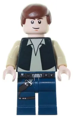 SW0334:  Han Solo - Black Vest over Tan Shirt, Dark Blue Legs with Belts