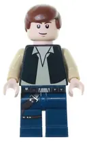 Minifigurka: SW0334:  Han Solo - Black Vest over Tan Shirt, Dark Blue Legs with Belts
