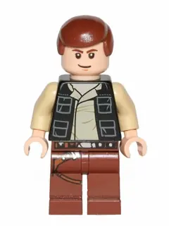 SW0451:  Han Solo - Black Vest with Pockets over Tan Shirt with Dark Tan Creases, Reddish Brown Legs with Belts