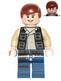 SW0539:  Han Solo - Black Vest with Pockets over Tan Shirt with Dark Tan Creases, Dark Blue Legs with Belts, Smooth Hair