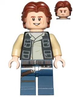 SW0771:  Han Solo - Black Vest with Pockets over Tan Shirt with Dark Tan Creases, Dark Blue Legs with Belts, Wavy Hair