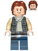 Minifigurka: SW0771:  Han Solo - Black Vest with Pockets over Tan Shirt with Dark Tan Creases, Dark Blue Legs with Belts, Wavy Hair