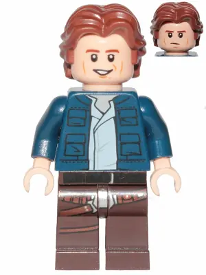 SW1021:  Han Solo, Dark Brown Legs with Holster Pattern, Dark Blue Jacket, Wavy Hair, Smile / Frown