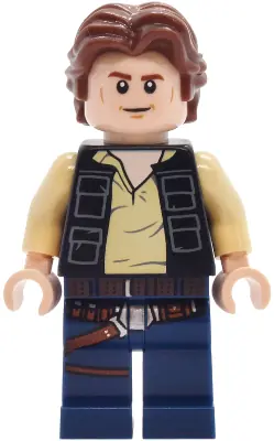 SW1457:  Han Solo - Black Vest with Pockets over Tan Shirt with Dark Bluish Gray Creases, Dark Blue Legs with Belts