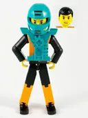 Minifigurka: TECH027A:  Technic Figure Orange/Black Legs, Orange Torso with Silver Pattern, Black Arms, Black Hair, Dark Turquoise Helmet and Armor