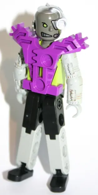 TECH035A:  Technic Figure Cyber Person, Black Legs, Purple Armor, Mechanical Arms, Dark Gray Head, Cyborg Eyepiece