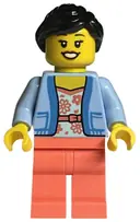 Minifigurka: TLS111:  LEGO Store Customer - Female, Bright Light Blue Jacket over White Shirt with Coral Flowers, Coral Legs, Black Ponytail