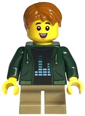 TLS112:  Child - Boy, Dark Green Hoodie, Dark Tan Short Legs, Dark Orange Hair, Freckles