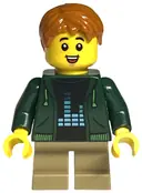 Minifigurka: TLS112:  Child - Boy, Dark Green Hoodie, Dark Tan Short Legs, Dark Orange Hair, Freckles