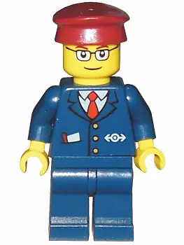 TRN115:  Dark Blue Suit with Train Logo, Dark Blue Legs, Dark Red Hat, Rectangular Glasses - Passenger Train Engineer