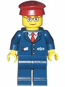 Minifigurka: TRN115:  Dark Blue Suit with Train Logo, Dark Blue Legs, Dark Red Hat, Rectangular Glasses - Passenger Train Engineer