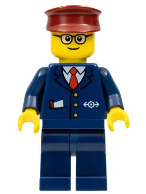 TRN115A:  Dark Blue Suit with Train Logo, Dark Blue Legs, Dark Red Hat, Rounded Glasses - Tram Driver