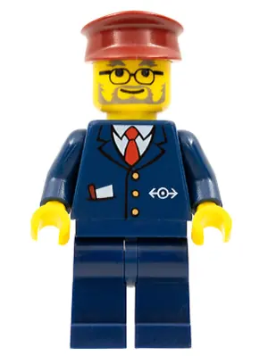 TRN123:  Train Conductor - Male, Dark Blue Suit with Train Logo, Dark Red Hat