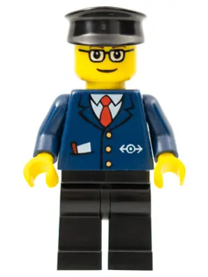 TRN128:  Dark Blue Suit with Train Logo, Black Legs, Brown Eyebrows, Black Hat