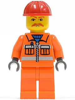 TRN129A:  Orange Vest with Safety Stripes - Orange Legs, Red Construction Helmet, Brown Moustache, Dark Bluish Gray Hands