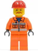 Minifigurka: TRN129A:  Orange Vest with Safety Stripes - Orange Legs, Red Construction Helmet, Brown Moustache, Dark Bluish Gray Hands