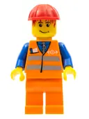 Minifigurka: TRN130:  Orange Vest with Safety Stripes - Orange Legs, Red Construction Helmet, Red Bangs